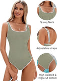 Darrahopens Fashion > Women's Fashion > Women's Swimwear Women's Matcha Green One Piece Swimsuit with White Trim: Adjustable Strap, Ribbed, High Cut for Sports & Beach（XXL）
