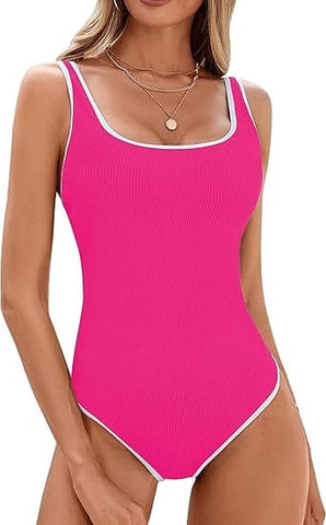 Darrahopens Fashion > Women's Fashion > Women's Swimwear Women's Red One Piece Swimsuit with White Trim: Adjustable Strap, Ribbed, High Cut for Sports & Beach（S）