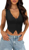 Darrahopens Fashion > Women's Fashion > Women's Tops & T-shirts 2-Pack Black French Vintage Lace Splice Camisole(L Size) - Slim Fit Halter Top with Back Detail and Button Placket