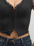 Darrahopens Fashion > Women's Fashion > Women's Tops & T-shirts 2-Pack Black French Vintage Lace Splice Camisole(M Size) - Slim Fit Halter Top with Back Detail and Button Placket
