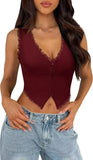 Darrahopens Fashion > Women's Fashion > Women's Tops & T-shirts 2-Pack Brown French Vintage Lace Splice Camisole(2XL Size) - Slim Fit Halter Top with Back Detail and Button Placket