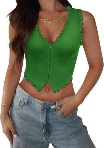 Darrahopens Fashion > Women's Fashion > Women's Tops & T-shirts 2-Pack Green French Vintage Lace Splice Camisole(S Size) - Slim Fit Halter Top with Back Detail and Button Placket