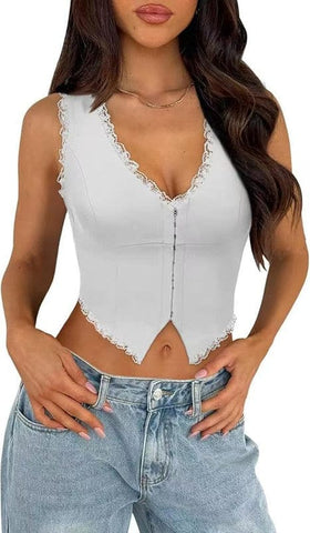 Darrahopens Fashion > Women's Fashion > Women's Tops & T-shirts 2-Pack White French Vintage Lace Splice Camisole(S Size) - Slim Fit Halter Top with Back Detail and Button Placket