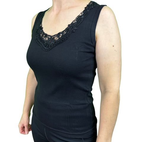 Darrahopens Fashion > Women's Fashion > Women's Tops & T-shirts Ladies Sleeveless Singlet Top Womens Summer Basic Tank Shirt Lace Motif Front - Black - 12-14