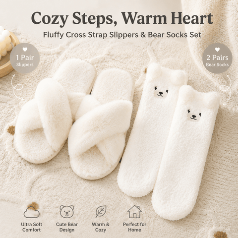 Darrahopens Fashion > Women's Fashion > Women's Uggs & Slippers Cozy Winter Home Essentials Set - White 1 Pair Women's Plush Cross Band Faux Fur Slippers M Size & 2 Pairs Cute Teddy Bear Fuzzy Socks Set, Warm Indoor Lounge Gift Bundle with Non-Slip House Slides