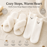 Darrahopens Fashion > Women's Fashion > Women's Uggs & Slippers Cozy Winter Home Essentials Set - White 1 Pair Women's Plush Cross Band Faux Fur Slippers XL Size & 2 Pairs Cute Teddy Bear Fuzzy Socks Set, Warm Indoor Lounge Gift Bundle with Non-Slip House Slides