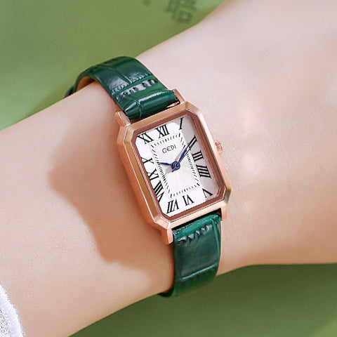 Darrahopens Fashion > Women's Fashion > Women's Watches Rose gold shell, white plate, green belt Ladies Quartz Watch - Classic Rectangular, Leather Band