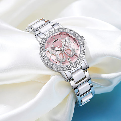 Darrahopens Fashion > Women's Fashion > Women's Watches Women's Butterfly Quartz Watch with Ceramic Steel Strap and Luminous Hands (Silver shell powder surface steel belt)