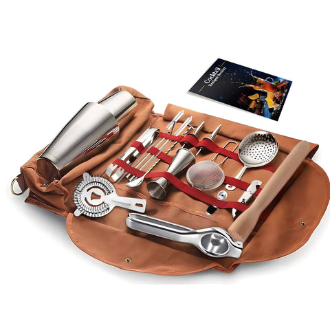 Darrahopens Food & Beverage > Alcoholic Beverages > Spirits Professional 17-Piece Stainless Steel Cocktail Shaker Set with Canvas Carry Case – Complete Bar Tools Kit for Home, Travel, Parties – Includes Jigger, Strainer, Muddler, Spoon, Bottle Stopper (Brown)