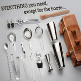Darrahopens Food & Beverage > Alcoholic Beverages > Spirits Professional 17-Piece Stainless Steel Cocktail Shaker Set with Canvas Carry Case – Complete Bar Tools Kit for Home, Travel, Parties – Includes Jigger, Strainer, Muddler, Spoon, Bottle Stopper (Brown)