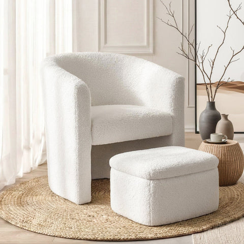 Darrahopens Furniture > Bar Stools & Chairs > Arm Chairs & Recliners Artiss Armchair Accent Chair w/Ottoman Lounge Footrest Storage Boucle White