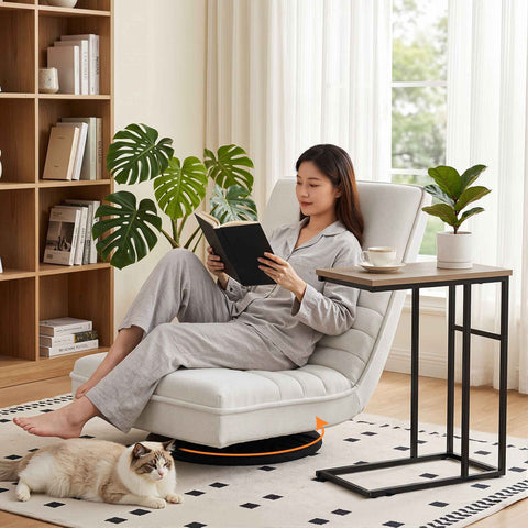 Darrahopens Furniture > Bar Stools & Chairs > Arm Chairs & Recliners Artiss Floor Lounge & Coffee Table Set, Swviel Foldable Linen Sofa Chair White, C-Shaped Side Table Walnut