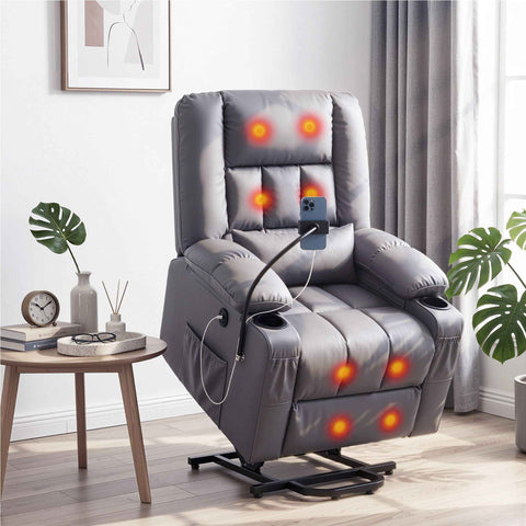 Darrahopens Furniture > Bar Stools & Chairs > Arm Chairs & Recliners Artiss Power Lift Recliner Chair with Massage and Heat for Elderly, Electric Sofa Reclining Chair with USB and Phone Holder, PU Leather Comfy Armchair for Living Room, 2 Cup Holder & 4 Pockets, Grey