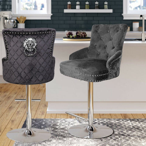 Darrahopens Furniture > Bar Stools & Chairs > Table & Bar Stools Luxury Black Velvet Swivel Bar Stool With Lion Knocker & Cross Stitch High Back