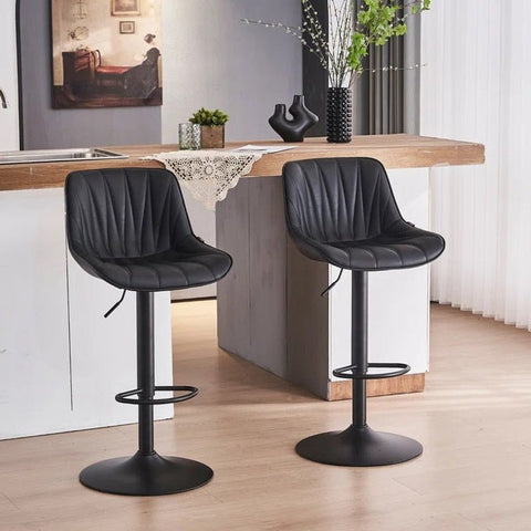 Darrahopens Furniture > Bar Stools & Chairs > Table & Bar Stools SERENITà Black Modern Height Adjustable Swivel Bar Stools Upholstered Leather Barstool Kitchen Island Chairs with Metal Frame (Set of 2)