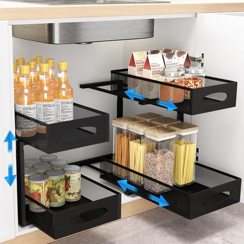 CARLA HOME 2 Pack Under Sink Organizer Pull Out Sliding Cabinet Storage Shelf with Height Adjustable for Kitchen, Bathroom or Laundry Room (Black) | darrahopens.com.au Premium AU Stock