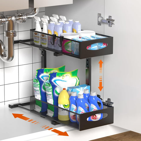 CARLA HOME 2 Tier Under Sink Organizer Pull Out Sliding Cabinet Storage Shelf with Height Adjustable for Kitchen, Bathroom or Laundry Room (Black) | darrahopens.com.au Premium AU Stock