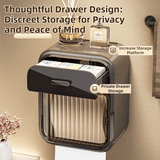 Darrahopens Furniture > Bathroom > Bathroom Cabinets, Cupboards & Storage Cream White No-Drill Wall Mounted Toilet Paper Holder with Storage Shelf and Drawer - Waterproof Bathroom Tissue Dispenser for Roll & Face Tissue