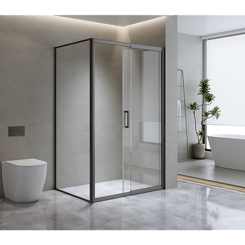 Darrahopens Furniture > Bathroom > Shower Heads & Screens 150mm Adjustable (2000x1010mm) Single Door Corner Sliding Glass Shower Screen in Black