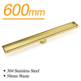 Darrahopens Furniture > Bathroom > Shower Heads & Screens Brushed Gold 600mm Tile Insert Linear Shower Grate Floor Drain 50mm Outlet Waste