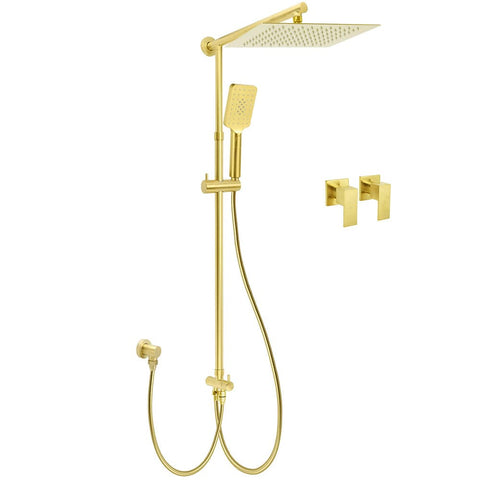 Darrahopens Furniture > Bathroom > Shower Heads & Screens Brushed Gold Square 12" Rain Head 3 Mode Handheld Rose Sliding Rail Wall Arm Dual Shower Taps Set