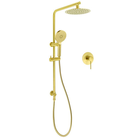 Darrahopens Furniture > Bathroom > Shower Heads & Screens Brushed Gold Twin Shower Set 8" Round Head 3 Modes Handheld Sliding Rail Arm + Mixer