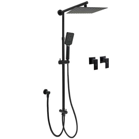 Darrahopens Furniture > Bathroom > Shower Heads & Screens Matt Black 2in1 Set Square 10" Shower Rain Head Handheld Adjustable Silding Rail + Twin Taps