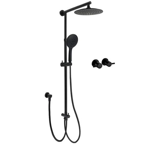 Darrahopens Furniture > Bathroom > Shower Heads & Screens Matt Black 9" Round Rain Shower Head Handheld Adjustable Rail Arm Elbow Twin Set Hot Cold Taps