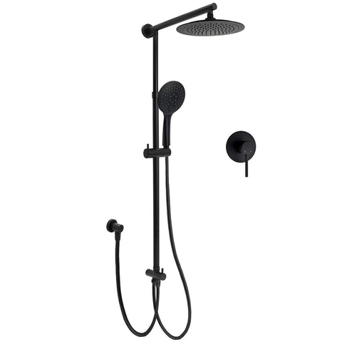 Darrahopens Furniture > Bathroom > Shower Heads & Screens Matt Black 9" Round Rain Shower Head Handheld Adjustable Rail Arm Elbow Twin Set + Single Mixer