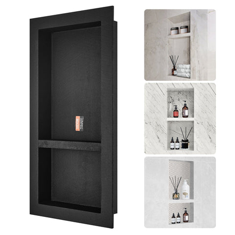 Darrahopens Furniture > Bathroom > Shower Heads & Screens VEVOR Shower Niche Ready for Tile 40.64 x 81.28 cm, Double Shelf Organizer, Square Corners Wall-inserted Niche Recessed, Sealed Protection Modern Soap Storage Niche for Shower Bathroom, Black