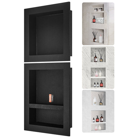 Darrahopens Furniture > Bathroom > Shower Heads & Screens VEVOR Shower Niche Ready for Tile 40.64x40.64cm & 40.64x50.8cm, Triple Shelf, Square Corners Wall-inserted Niche Recessed, Sealed Protection Modern Soap Storage Niche for Shower Bathroom, Black