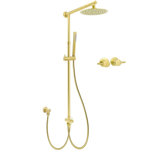 Darrahopens Furniture > Bathroom > Shower Heads & Screens WELS Brushed Gold 8" Round Shower Head Stainless Steel Handheld Rose Sliding Rail Twin Taps Set