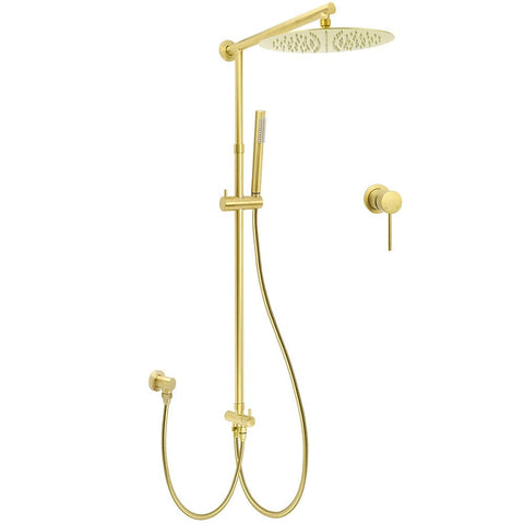 Darrahopens Furniture > Bathroom > Shower Heads & Screens WELS Brushed Gold Dual Large Round Shower Set 12" Rain Head Stainless Steel Handheld Sliding Rail Small Face Mixer