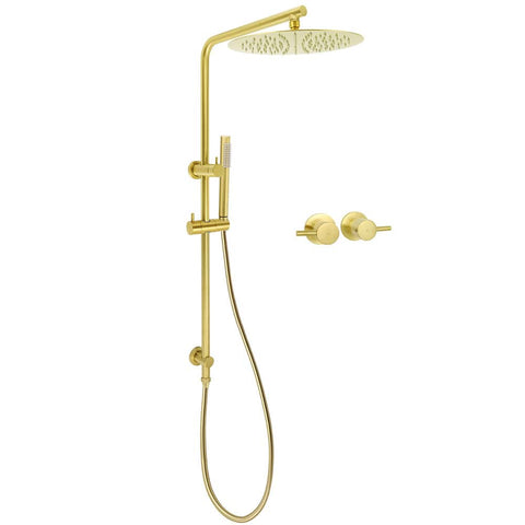 WELS Brushed Gold Large Top Shower Round 12" Rain Head Handheld Silde Wall Rail Arm Twin Taps | darrahopens.com.au Premium AU Stock