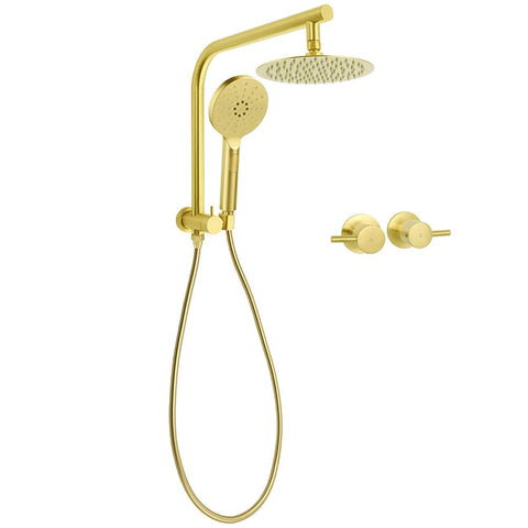 WELS Brushed Gold Round Twin 8" Shower Head Set Diverter Wall Arm Metal Handheld + Taps | darrahopens.com.au Premium AU Stock