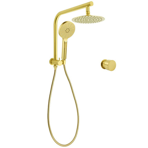 WELS Brushed Gold Round Twin Shower Head Set Stainless Steel Handheld Gooseneck Arm Wall Mixer | darrahopens.com.au Premium AU Stock