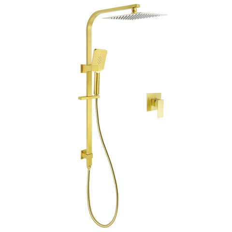 Darrahopens Furniture > Bathroom > Shower Heads & Screens WELS Brushed Gold Square Shower 10" Large Rain Head Handheld Silde Rail Arm 2in1 Set + Mixer