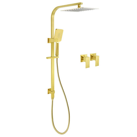 Darrahopens Furniture > Bathroom > Shower Heads & Screens WELS Brushed Gold Square Shower 10" Thin Rain Head Handheld Silde Rail Arm 2in1 Taps Set