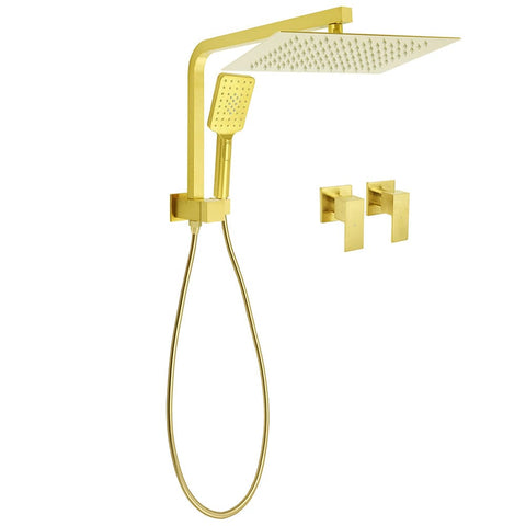 WELS Brushed Gold Twin Shower 12" Rain Head Handheld Diverter Wall Arm Set Square Taps | darrahopens.com.au Premium AU Stock