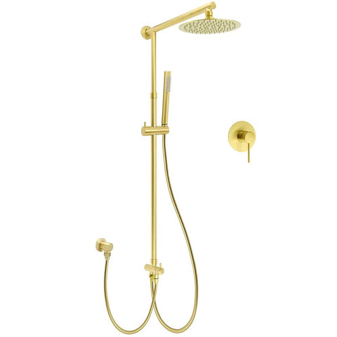 Darrahopens Furniture > Bathroom > Shower Heads & Screens WELS Brushed Gold Twin Shower 8" Round Head One Mode Handheld Rose Sliding Rail With Mixer Set