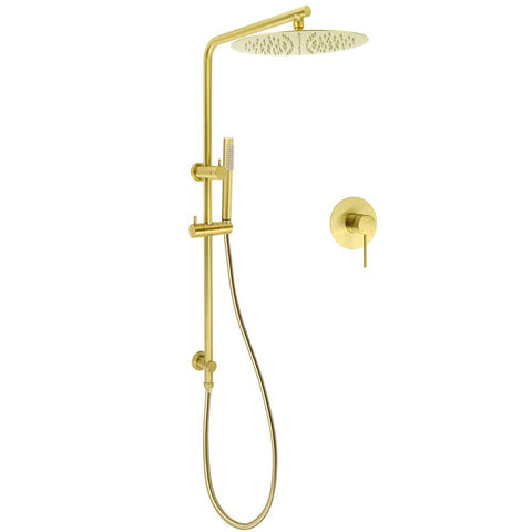 WELS Brushed Gold Twin Shower Large Round 12" Rain Head Handheld Rose Silde Wall Rail Arm Mixer | darrahopens.com.au Premium AU Stock