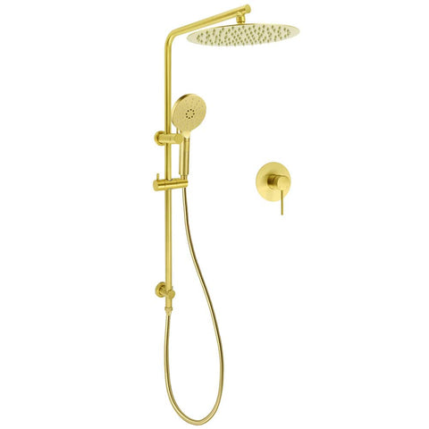 WELS Brushed Gold Twin Shower Large Round 12" Rain Head Handheld Silde Wall Rail Arm Mixer | darrahopens.com.au Premium AU Stock