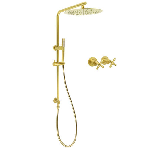 WELS Brushed Gold Twin Shower Large Round 12" Rain Head Metal Handheld Silde Wall Rail New Luxury Mixer | darrahopens.com.au Premium AU Stock