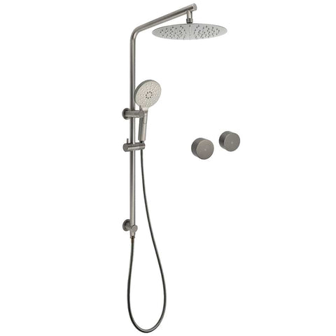 Darrahopens Furniture > Bathroom > Shower Heads & Screens WELS Gun Metal Round 10" Twin Shower Head 3 Modes Handheld Slide Rail Hot Cold Taps Set