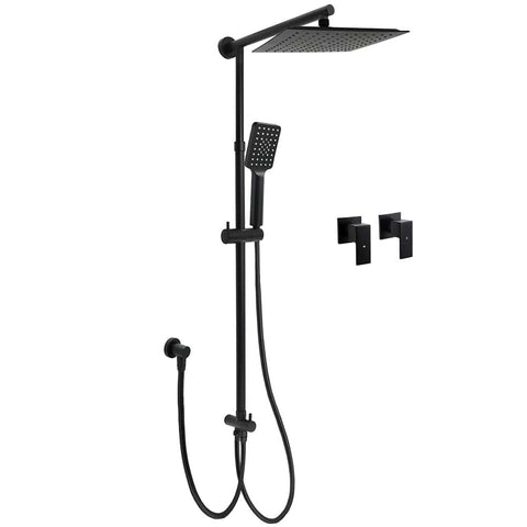 Darrahopens Furniture > Bathroom > Shower Heads & Screens WELS Matt Black 2in1 Square 10" Rain Shower Head 3 Mode Handheld Adjustable Rail Twin Taps Set