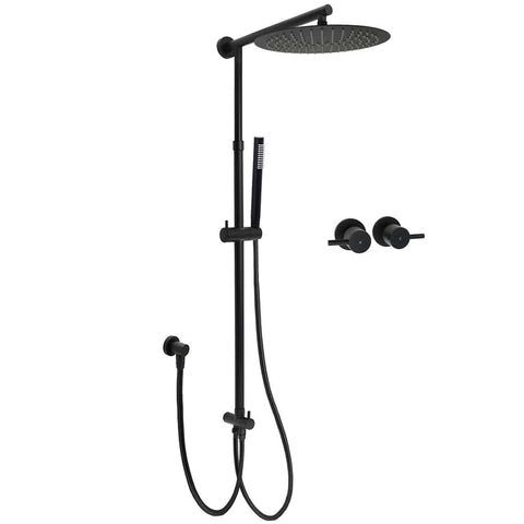 Darrahopens Furniture > Bathroom > Shower Heads & Screens WELS Matt Black Dual 12" Round Shower Head Set Metal Handheld Rail Wall Arm Elbow Inlet Twin Taps