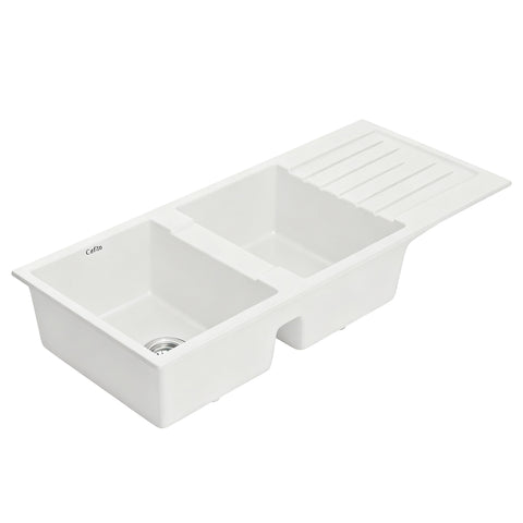 Darrahopens Furniture > Bathroom > Sinks Cefito Kitchen Sink 116x50cm Granite Stone Sink Double Bowl White