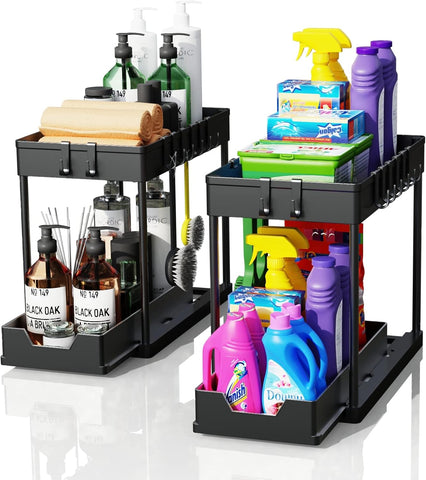 CARLA HOME 2 Pack Under Sink Organizer with Pull-Out Basket and Hooks for Bathroom & Kitchen | darrahopens.com.au Premium AU Stock