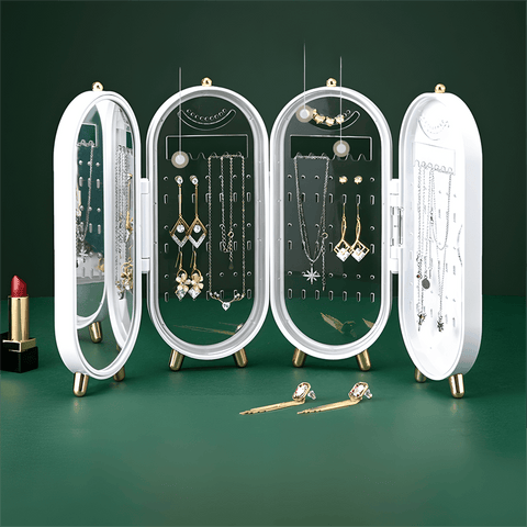 Darrahopens Furniture > Bathroom > Vanity Units White 4-Layer Retractable Screen-Style Jewelry Display Stand With Mirror Zone - Dust-Proof Necklace & Earring Organizer Case for Vanity