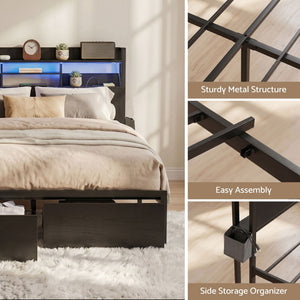 Darrahopens Furniture > Bedroom > Beds & Bed Frames Artiss Bed Frame Double with Charging Station Storage Organizer Drawers LED ZAC